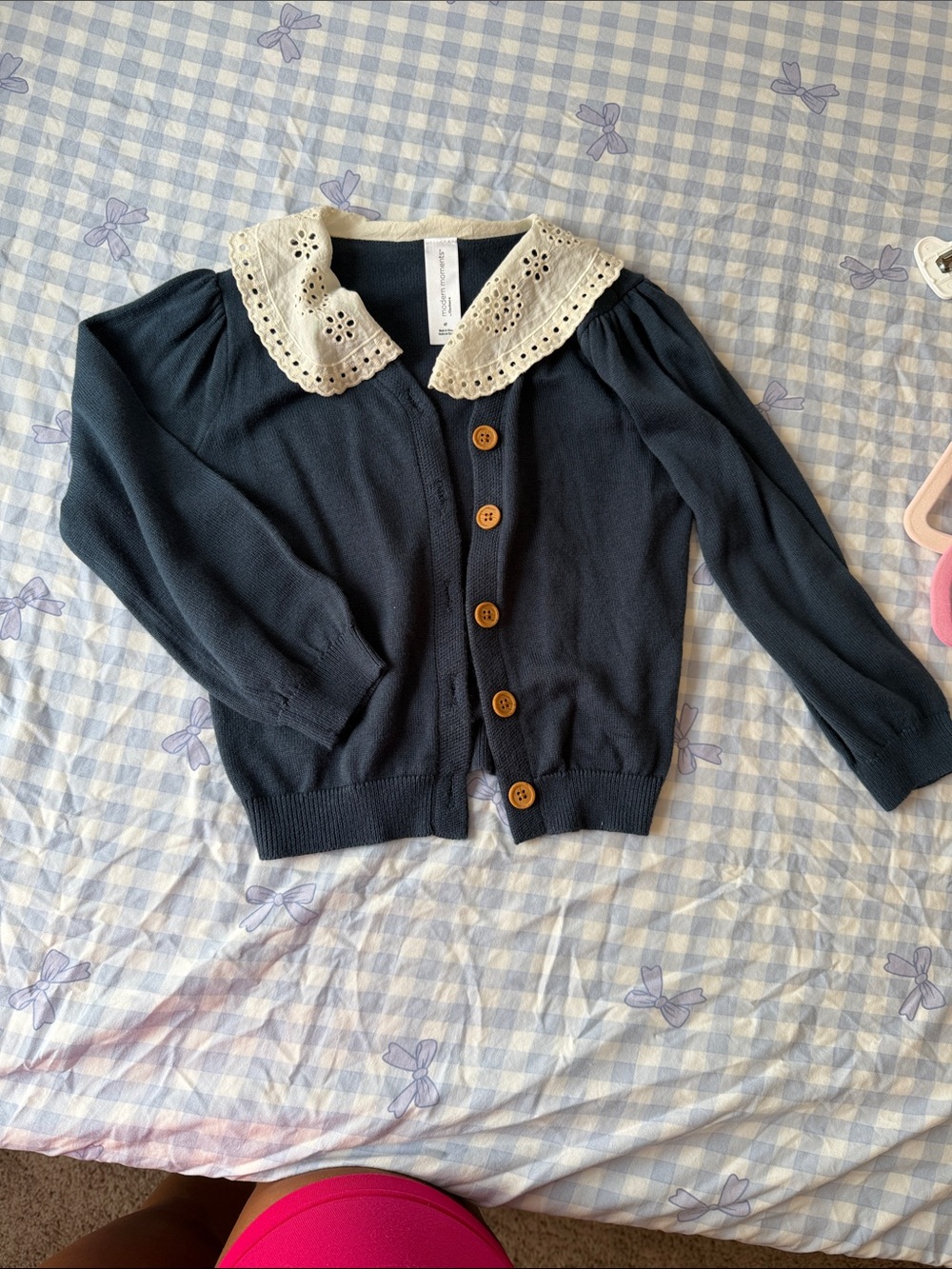 Girls Navy Cardigan Sweater with Cream Eyelet Collar